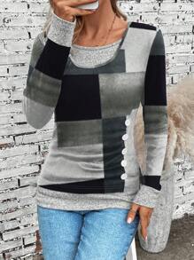 SHEIN LUNE Women Casual Color Block Print 2 In 1 Long Sleeve T-Shirt, Autumn