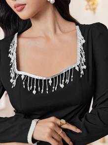 Modelyn 1pc Women's Premium Square Neck Patchwork Fringe Fishtail Skirt Long Evening Dresses