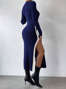 SHEIN Clasi 1 件女式拼色圆领长袖镂空修身毛衣连衣裙，秋冬 - 彩色 - 查看 2