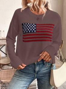 SHEIN LUNE Women USA Flag Pattern Crew Neck Drop Shoulder Long Sleeve Casual Sweater, Autumn Knit Pullover Fall Winter - Multicolor - View 5