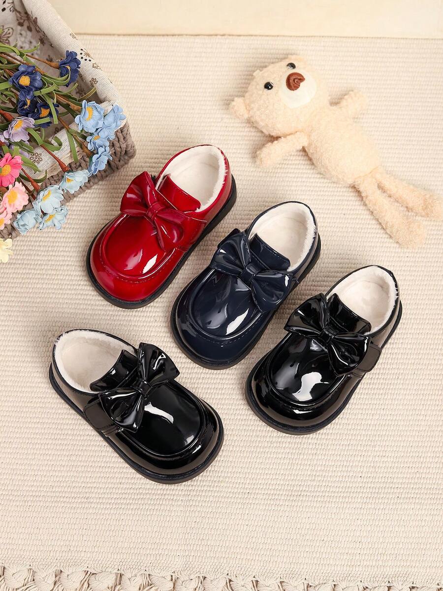 1 双儿童女童可爱蝴蝶结牛津鞋，秋冬 - 黑色 - 查看 1