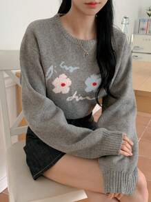 DAZY Pattern Jacquard Knitted Loose Round Neck Sweater For Women,Fall Women Clothes - Grey - View 3