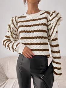 Chiquease Stripe Print Flounced Casual Versatile Crew Neck Long Sleeve Pullover Sweater Knit Pullover Fall Winter Outfit - Multicolor - View 3