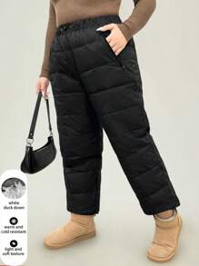 Flirla Pantalones casuales gruesos de unicolor con bolsillo, versátiles y a prueba de viento para el invierno, talla grande