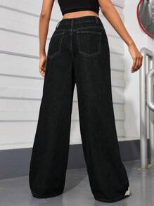 SHEIN PETITE 女士时尚百搭街头风格阔腿牛仔裤 - 黑色 - 查看 2