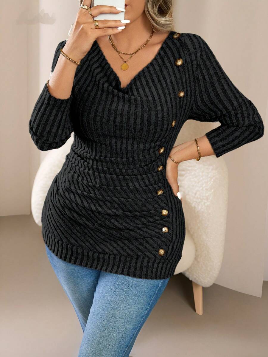 Calvaya Plus Size Women Casual Solid Color Ribbed Button Decor T-Shirt Fall Cloth For Women