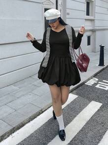 Flirla 2 件大码女式套装：纯色修身长袖上衣和可爱泡泡迷你裙，百搭 - 黑色 - 查看 3