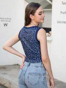 INAWLY Women Lace Patchwork Round Neck Ditsy Floral Casual Tank Top