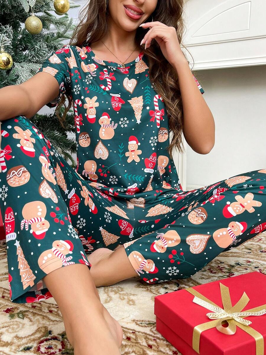卡通圣诞元素印花短袖上衣和裤子睡衣套装 - 彩色 - 查看 1
