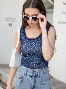 INAWLY Women Lace Patchwork Round Neck Ditsy Floral Casual Tank Top