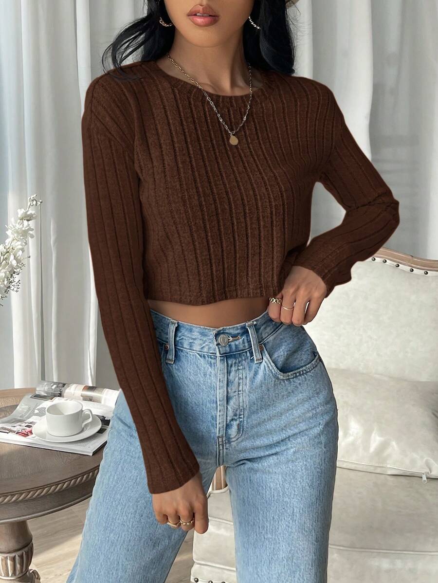 SHEIN EZwear 春装纯色罗纹针织短款 T 恤 - 棕色 - 查看 1
