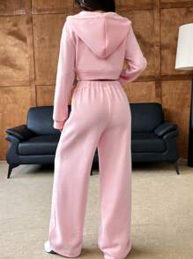 SHEIN EZwear Bộ đồ thể thao quần nỉ và áo hoodie rút dây màu hồng cho nữ - Hồng - Xem 2