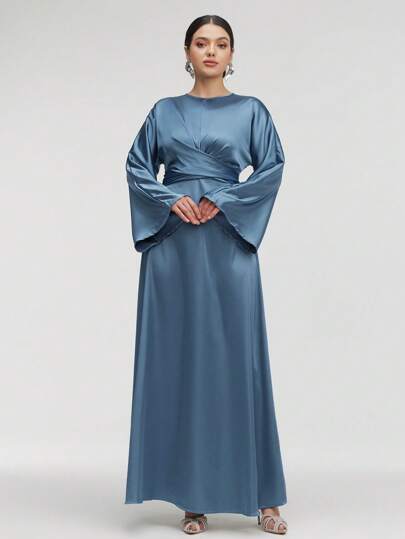 Veilorie Women's Solid Color Satin Finish Elegant Waist Cinched Dress,Elegant Evening Party Dress Modest