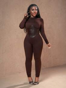 Slaydiva 秋冬新款休闲街头小立领长袖PU假腰带设计棕色针织面料配PU裤女紧身连体裤-T - 棕色 - 查看 5