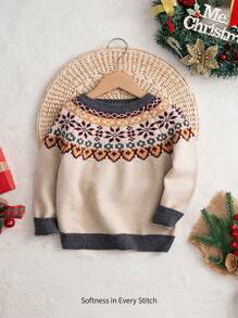 Cozy Pixies Young Boy Traditional Pattern Crew Neck Long Sleeve Christmas Sweater, Casual & Versatile For Autumn/Winter
