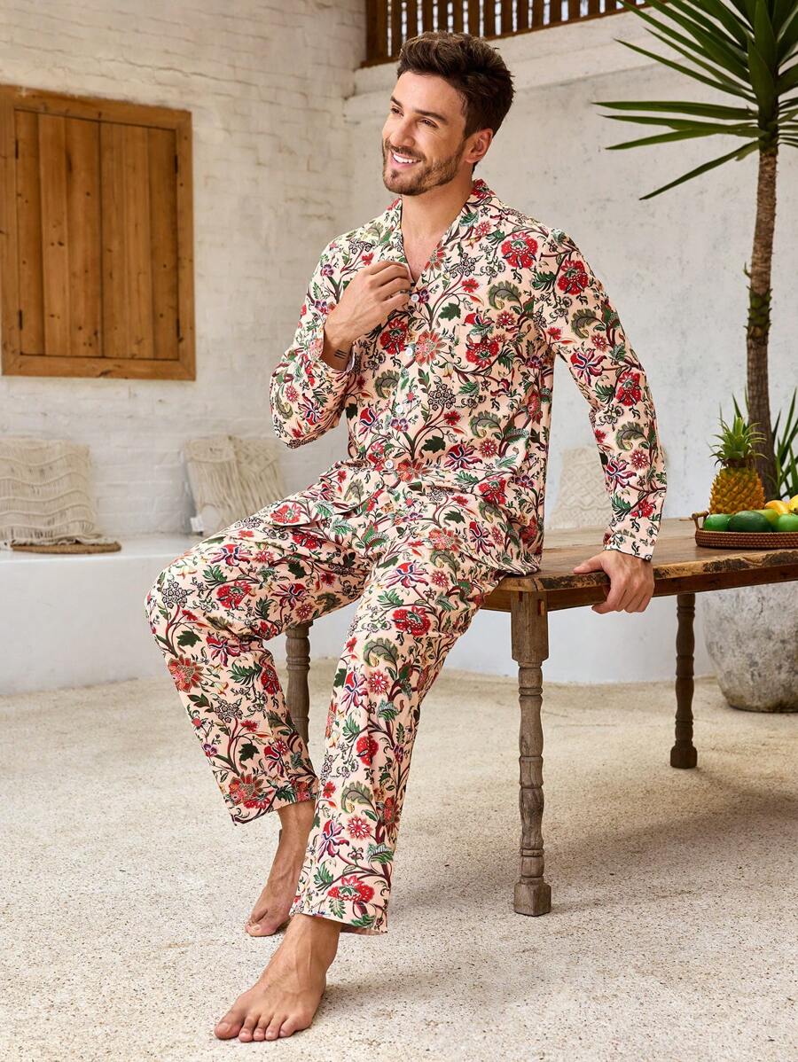 Manfinity ChillVibe 2 件男士花卉印花前扣长袖睡衣套装、家居服 - 青碧色 - 查看 1