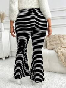 SHEIN LUNE 女士加大码百搭休闲条纹喇叭裤，感恩节新年日常穿着，女士热销 - 黑與白 - 查看 2