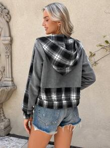 SHEIN LUNE Giacca da donna con cappuccio, chiusura lampo in metallo, tessuto check retrò, texture di velluto a coste in contrasto, casual, per pendolarismo, elegante, per uscire, calda, autunno/inverno - Grigio - Visualizzare 2