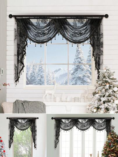 1pc Black Lace Heavy Curtain, Sweet Style With Exquisite Floral Ruffle Edge And Curtain Heading, Suitable For Living Room And Bedroom Windows/Doors Decor, Christmas Home Decor,Fall Decor,Autumn Decor,Room Decor