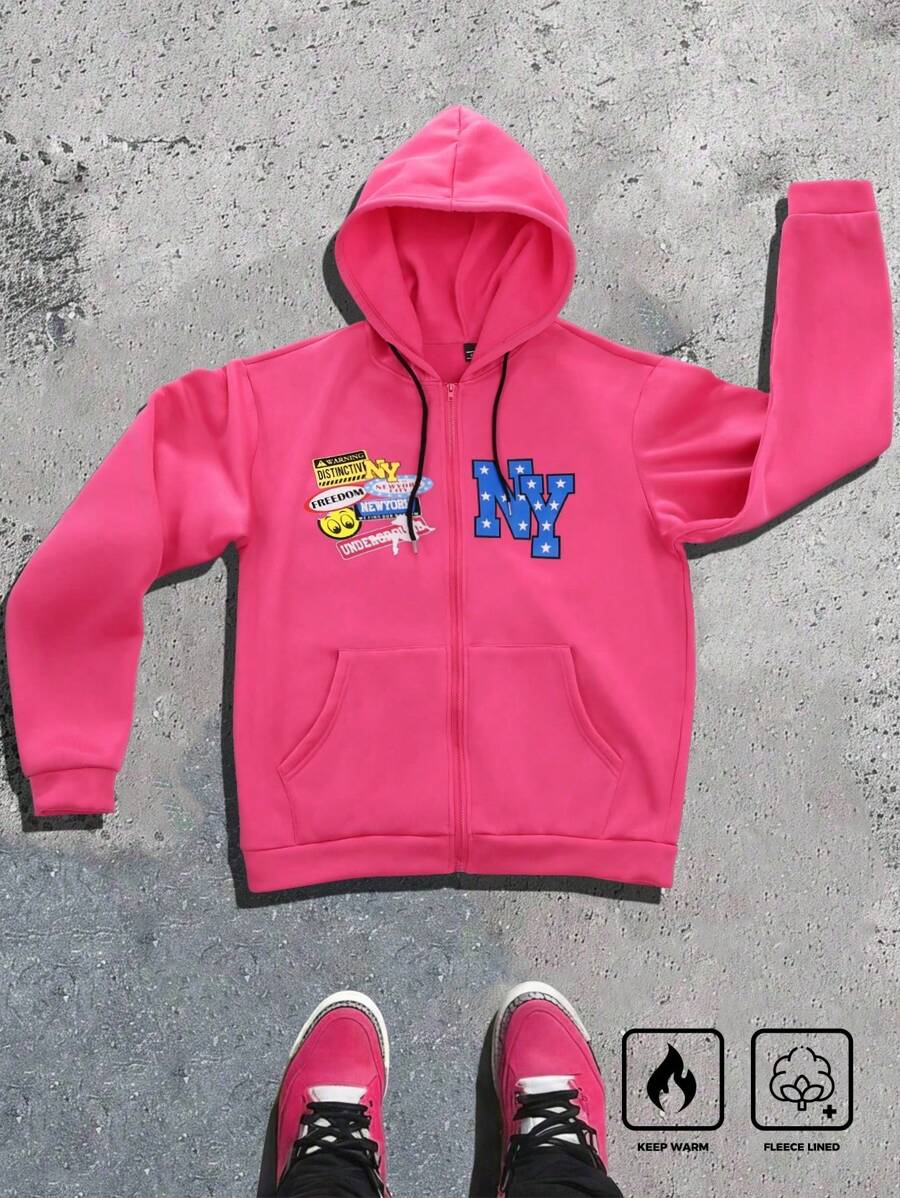 Manfinity EMRG Plus Size Men's Letter Printed Zip-Up Hooded Sweatshirt, Spring Autumn - Hot Pink - View 1