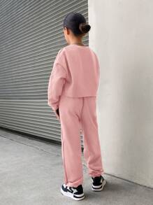 SHEIN Tween Girl Loose Solid Retro Cropped Crew Neck Hoodie And Sweatpants Casual 2 Pieces Set
