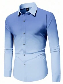 Manfinity Mode Men's Gradient Color Button Front Long Sleeve Casual Shirt, For Autumn, For Fall - Blue - View 3