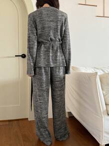 DAZY Casual Minimalist Mixed Color Knitted Waistband Cardigan Top Paired With Straight Loose Knit Pajama Pants Loungewear Set - Dark Grey - View 2