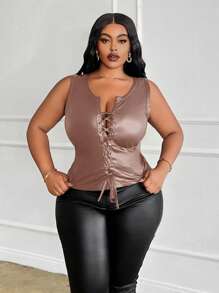 Slaydiva Plus Size Streetwear Seksowny Codzienny Uniwersalny Przód Wiązany Dopasowany Top PU, Czarny, Jesień