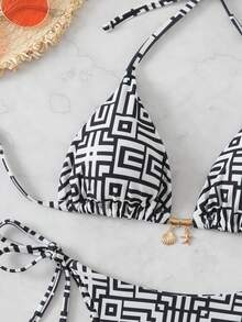 女士几何印花比基尼套装，非常适合度假和海滩夏季 - 黑與白 - 查看 7