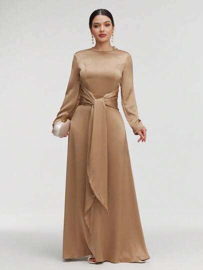 Veilorie Ladies' Solid Color Tie Waist Long Dress,Elegant Evening Party Dress Modest