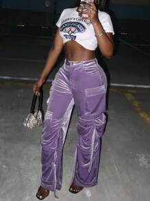 Multi-Pocket Velvet Tassel Decor Casual Cargo Pants, Fashion - 紫色 - 查看 7