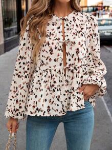 SHEIN Clasi 1 pièce Blouse à manches longues pour femme, col à nœud papillon, ourlet à volants, fermeture devant, couleur unie, élégante