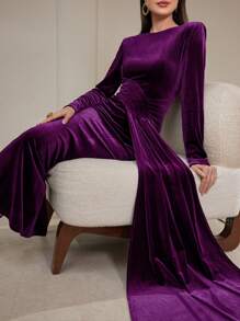 Modelyn 1pc Women's Solid Color Round Neck Long Sleeve Splice Ribbon Fitted Elegant Dress Long Evening Dresses - Purple - View 4