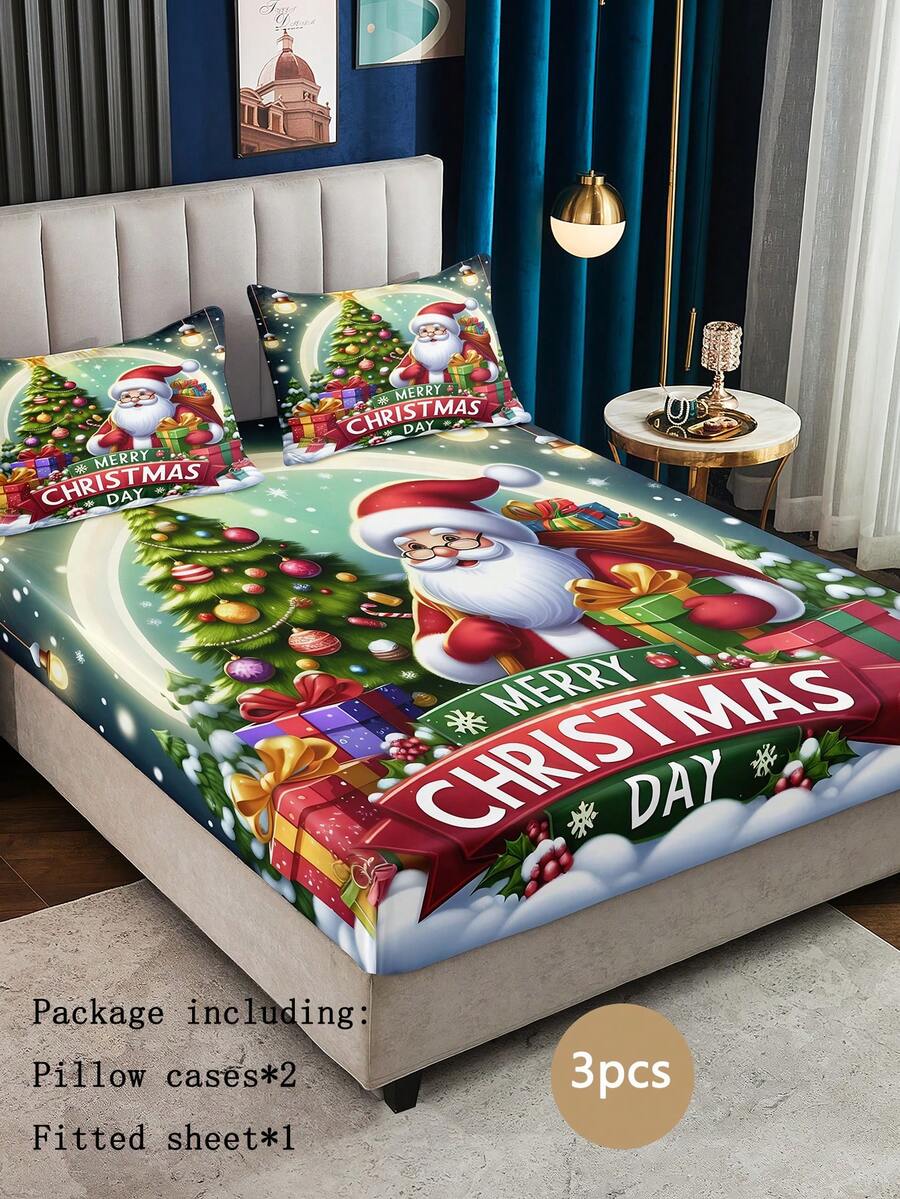 3 件套圣诞老人礼品床单和枕套床上用品套装，适合圣诞节，适用于卧室场景、家居装饰 - 彩色 - 查看 1