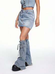 SHEIN EZwear Fashionable Asymmetric Waist Fitted Denim Mini Skirt - Light Wash - View 4