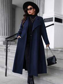 SHEIN LUNE Plus Size Women Elegant Solid Color Big Lapel Button Belted Long Overcoat For Autumn/Winter