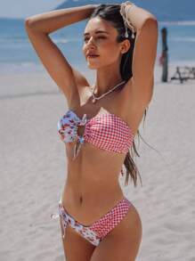 Women's 2pcs Contrast Ditsy Floral Strapless Bikini Set With Detachable Straps Summer - Pink - View 4