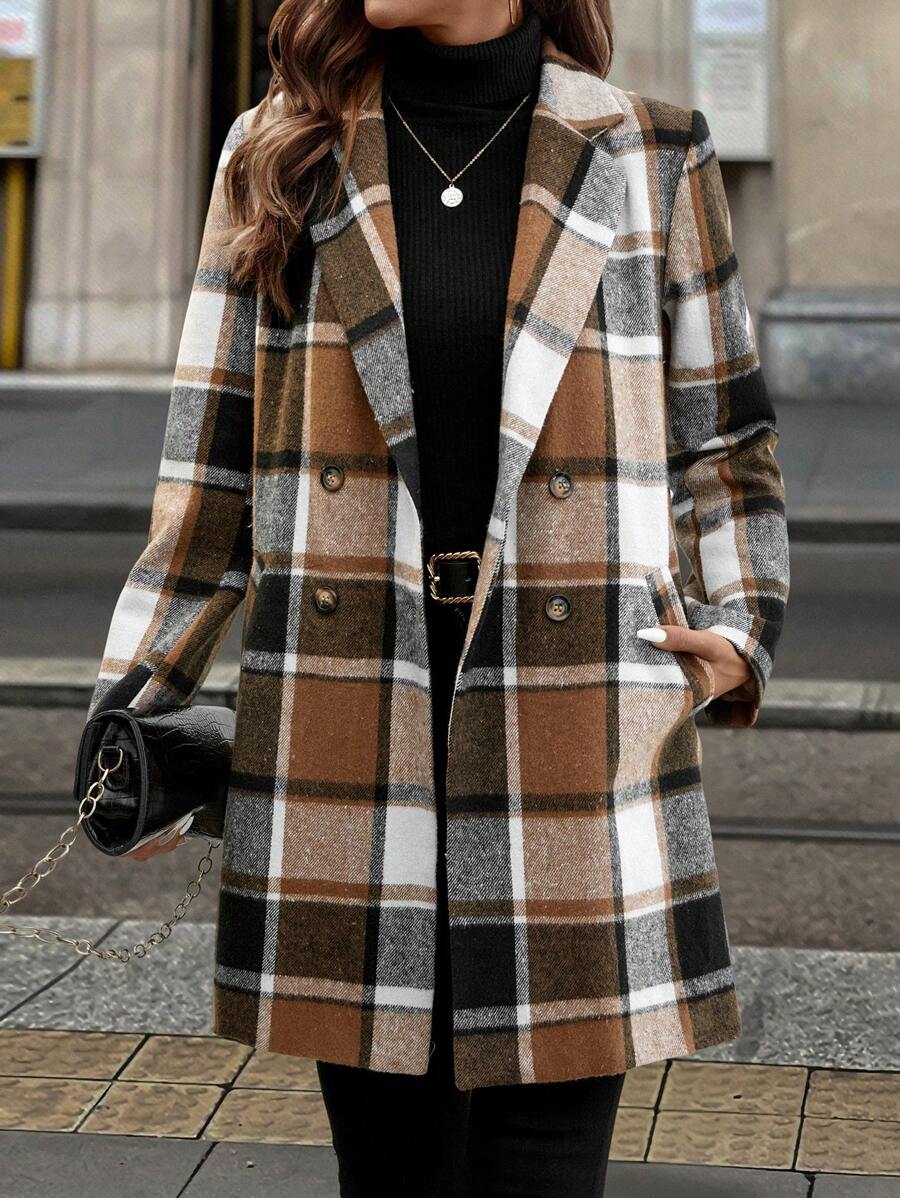 SHEIN Clasi 1 pezzo Cappotto lungo a metà lunghezza con maniche lunghe a quadri marrone per donna, adatto per autunno/inverno - Castano - Visualizzare 1