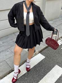 Flirla Plus Size Suit Collar Placket Pleated Skirt 2 Pieces Set Workwear & Date Outfit, Black Fall Cloth For Women - Black - View 1