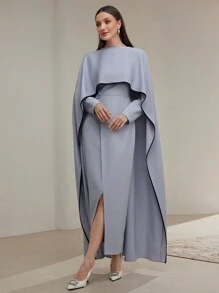 Modelyn Women's Solid Color Round Neck Poncho Splicing Slit Hem Elegant Dress Long Evening Dresses
