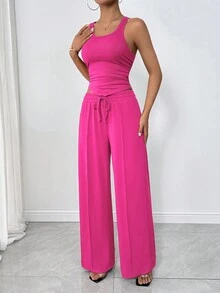 Zolique 2 件套女士夏季休闲日常装纯色背心上衣和长裤套装 - 玫紅色 - 查看 5