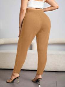 SHEIN PETITE CURVE 大码女式纯色高腰褶皱锥形休闲裤 - 棕色 - 查看 2