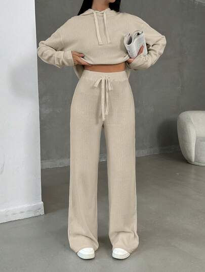 EURMUSE Women Fashion Cream Hoodie With Wide Leg