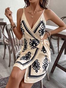 SHEIN VCAY Women's Floral Print Wrap With Knot Sleeveless Casual Dress, For Vacation