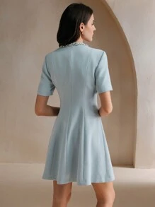 Anewsta Rhinestone Bow Decor Round Neck Dress, Elegant Style - Blue - View 2