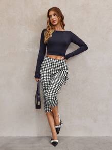 SHEIN SXY Autumn Winter Sexy Cute Bow Ribbon Houndstooth 3/4 Length Leggings