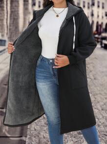 EMERY ROSE Plus Size Solid Color Drawstring Hooded Fleece Coat, Casual Wear For Autumn/Winter Fall Cloth For Women - Black - View 1