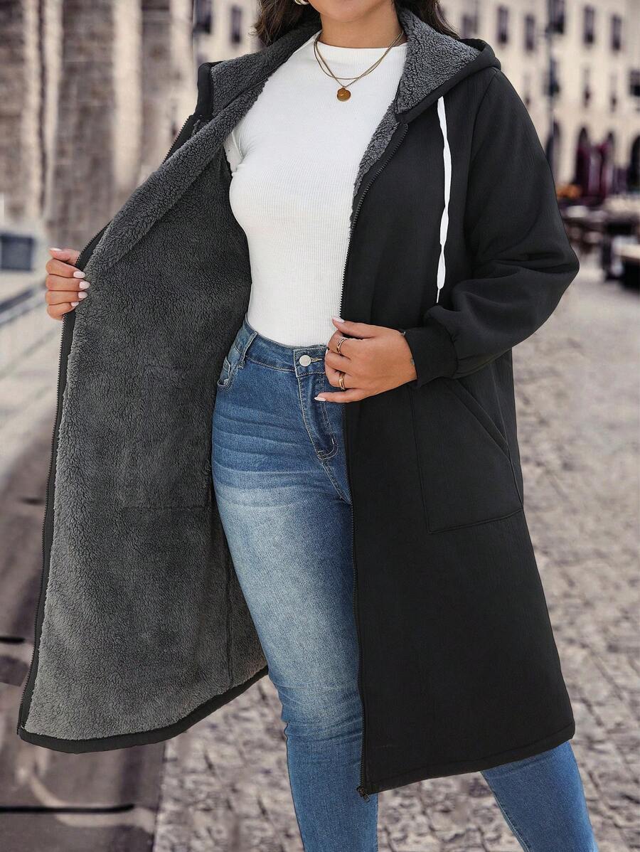 EMERY ROSE Plus Size Solid Color Drawstring Hooded Fleece Coat, Casual Wear For Autumn/Winter Fall Cloth For Women - Black - View 1