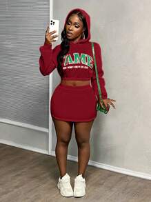 Slaydiva 新款秋冬季休闲青年运动连帽截短长袖迷你裙橙色天鹅绒卫衣面料英文标志口号印花女两件套-W - 紅色 - 查看 4