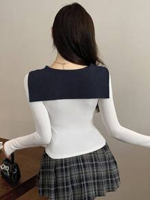 DAZY 1pc Women Colorblock Splice Long Sleeve Slim Fit T-Shirt, Casual Streetwear,Fall Women Clothes - White - View 4